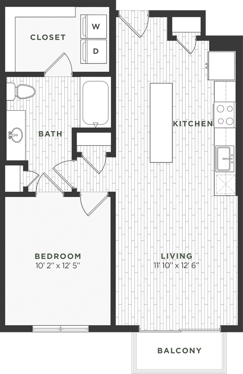 Floor plan for 1 bed, 1 bath, 746 sqft
